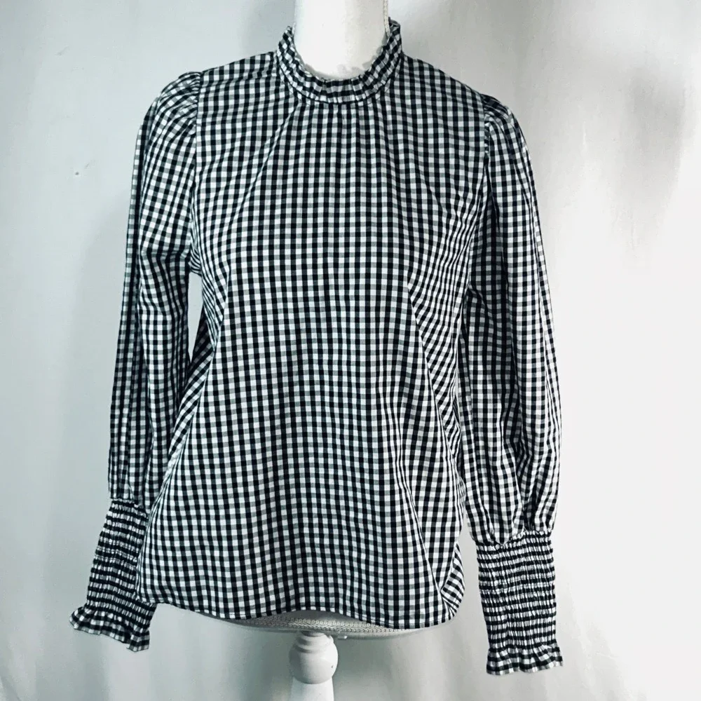 Zara Black and White Gingham Plaid Ruffle Neck Smocked‎ Cuff Blouse Small